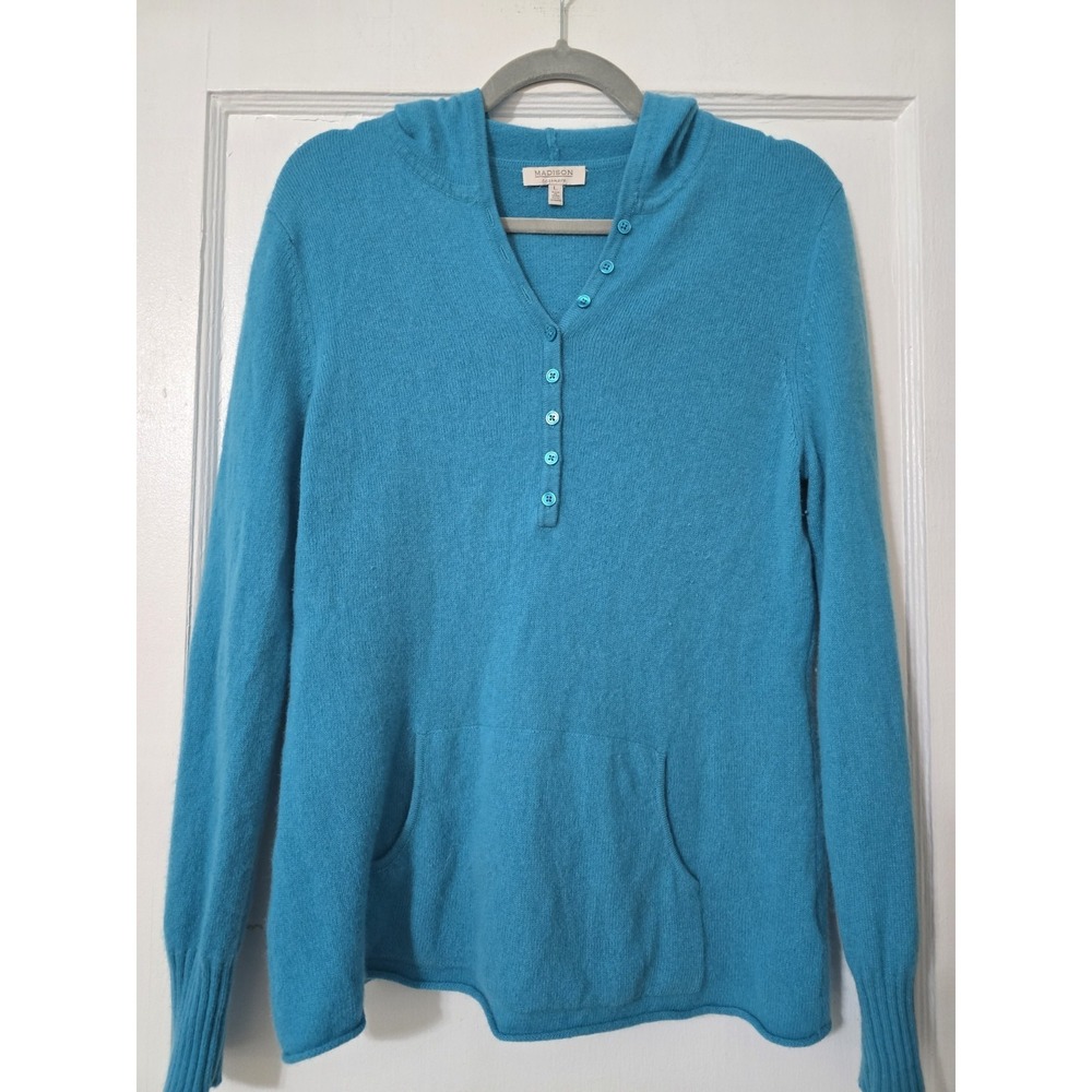 Madison Cashmere Hooded Sweater With Pocket Blue Size Large